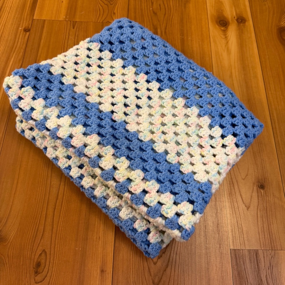 Handmade Crochet Blanket Throw Blue White Pastel 35”x36” Nursery Baby Grandma